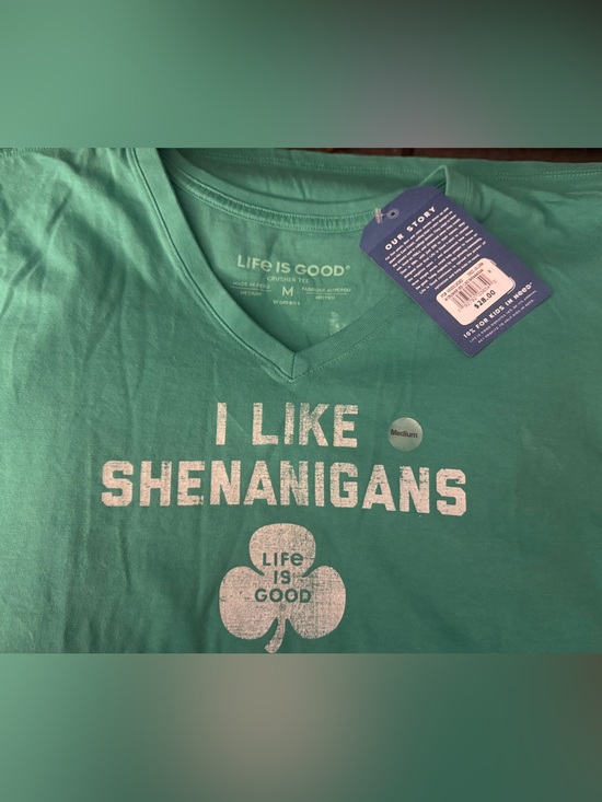 Life Is Good Tops - Life Is Good Green V-Neck Tee with White Shamrock & 'I Like Shenanigans' Print